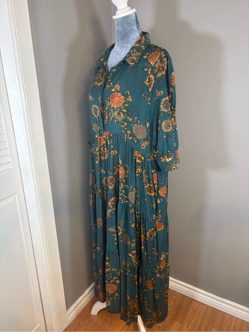 NATURAL LIFE Teal Floral Button-Front Tiered Midi Dress Size XL - Picture 6 of 12